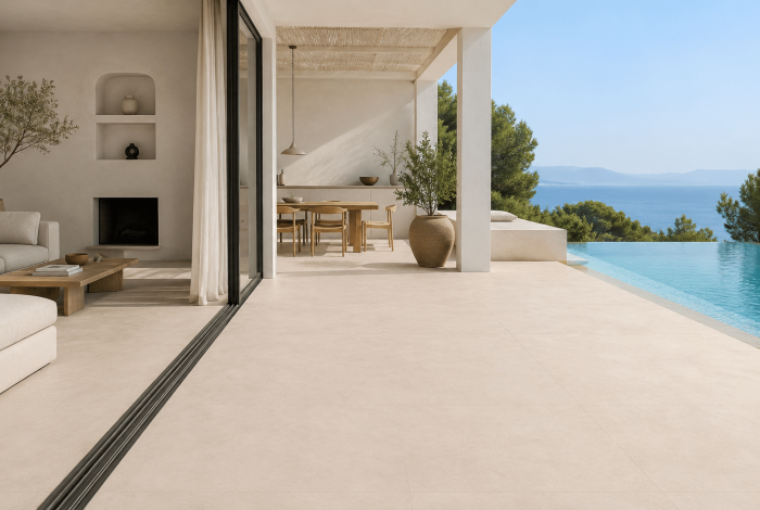Carrelage sol effet béton grand format beige intérieur extérieur 120x120 Illinois Arena ambiance 2