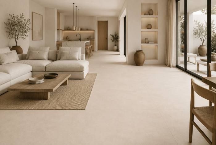 Carrelage sol effet béton grand format beige intérieur extérieur 120x120 Illinois Arena