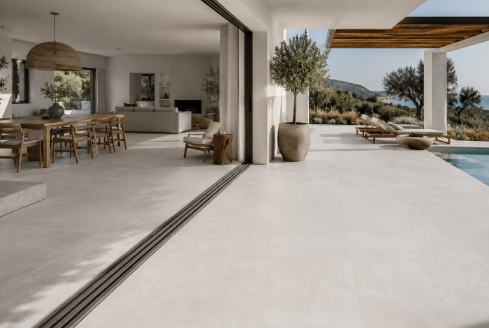 Carrelage sol effet béton grand format gris perle intérieur extérieur 120x120 Illinois Perla