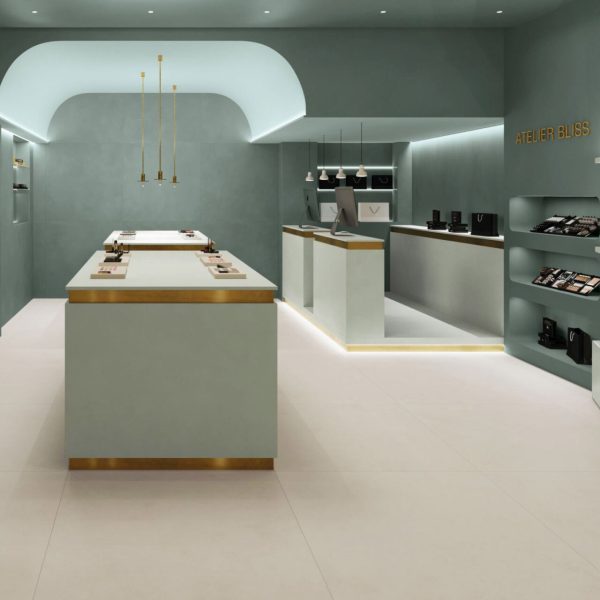 Carrelage sol et mur aspect béton ciré blanc et vert Vice Versa Milk et Jade