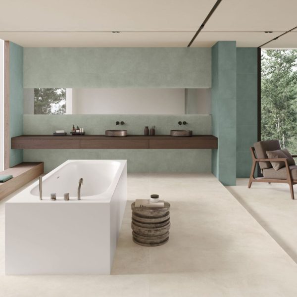 Carrelage sol et mur aspect béton ciré blanc et vert Vice Versa White et Jade