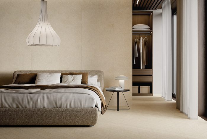 Carrelage sol et mur aspect pierre minimaliste sable Luna Naturale plaques murales grand format