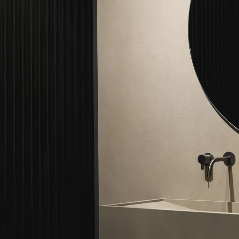 Carrelage sol et mur en gres cerame effet beton resine sable Resina Sand ambiance murale salle de bain