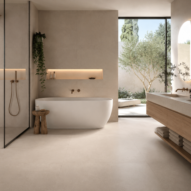 Carrelage sol et mur intérieur de salle de bain épurée aspect béton beige Maryland Marfil