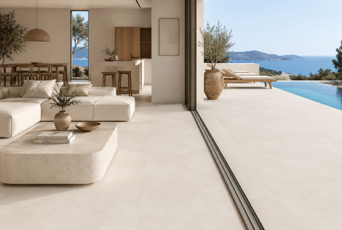 Carrelage sol et mur intérieur et extérieur grand format effet pierre minimaliste blanche Idaho Blanco