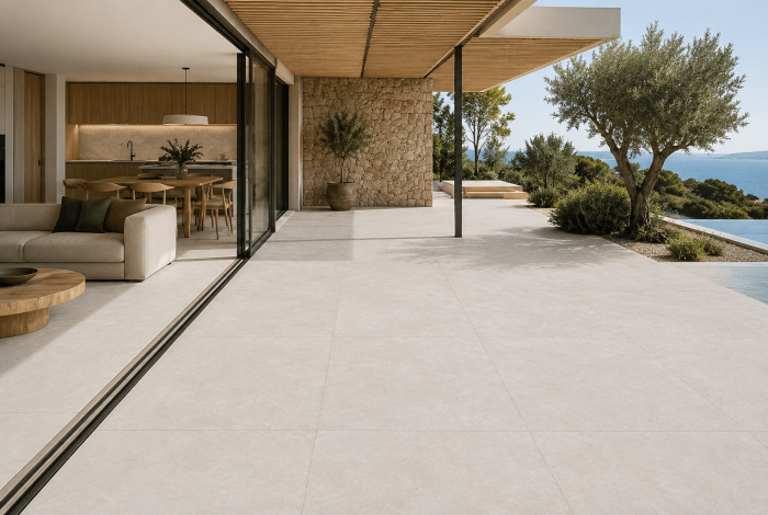 Carrelage sol et mur intérieur et extérieur grand format effet pierre minimaliste grise claire Idaho Perla