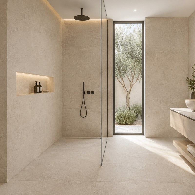 Carrelage sol et murs de suite parentale avec douche grand format effet pierre Kansas Marfil