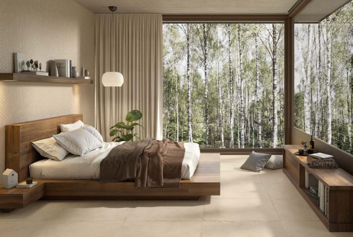 Carrelage sol grand format effet béton ciré beige Ueno Beige ambiance chambre