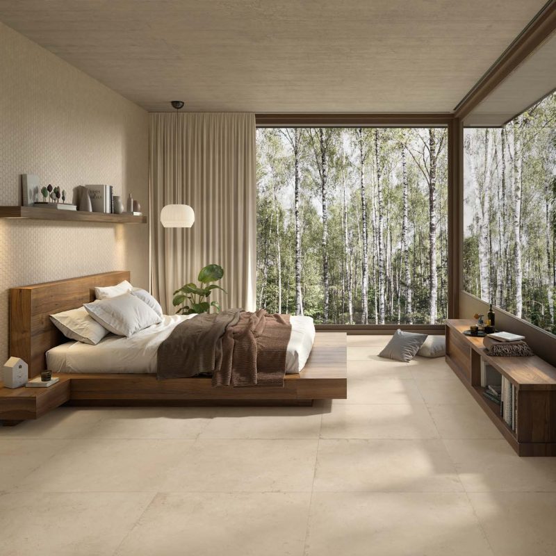 Carrelage sol grand format effet béton ciré beige Ueno Beige ambiance chambre