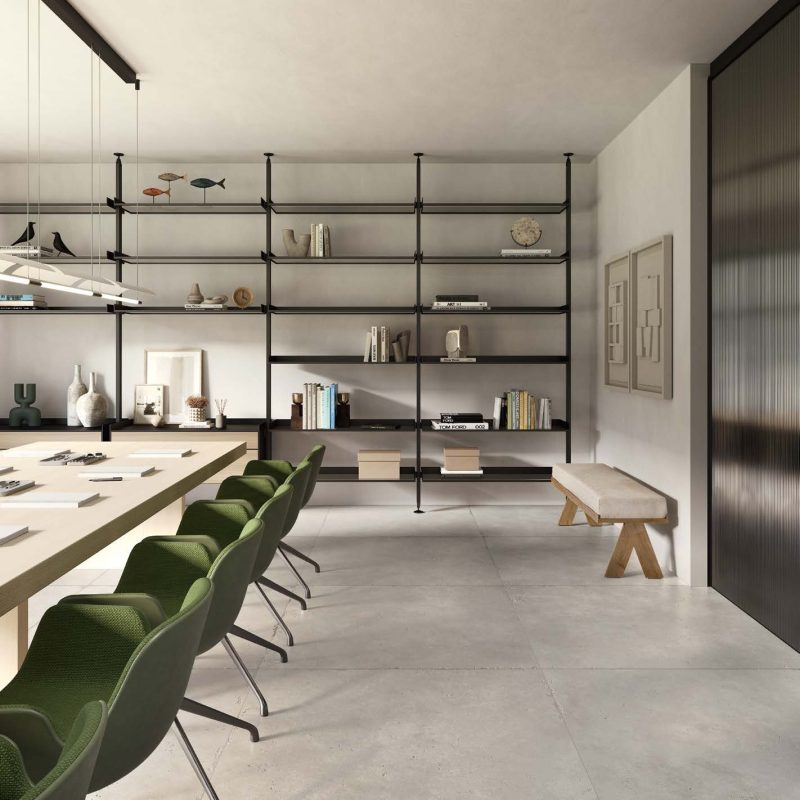 Carrelage sol grand format effet béton ciré gris Ueno Grey sol bureaux