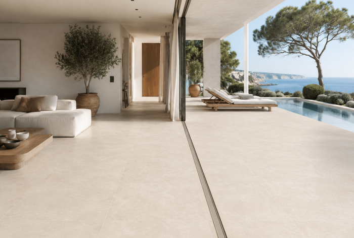 Carrelage sol intérieur et extérieur grand format 120 x 120 effet pierre naturelle beige minimaliste Idaho Marfil