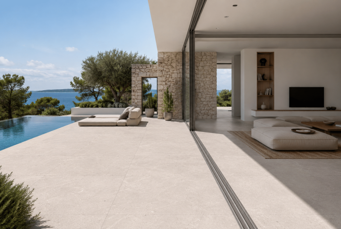 Carrelage sol intérieur extérieur grand format aspect pierre contemporaine beige 120x120 Louisiane Bone