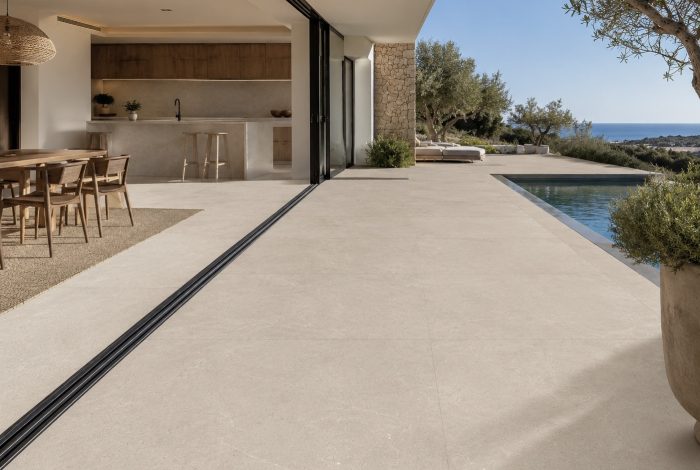 Carrelage sol intérieur extérieur grand format effet pierre contemporaine taupe Louisiane Mud