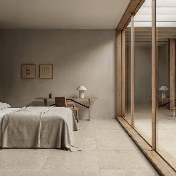 Carrelage sol intérieur grand format aspect pierre naturelle en gres cerame Pittsburgh Sunrise chambre 1