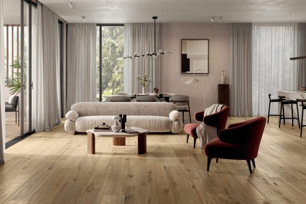 Carrelage aspect parquet bois chêne ultra réaliste pour intérieur et extérieur sol et mur Horizon Hazelnut