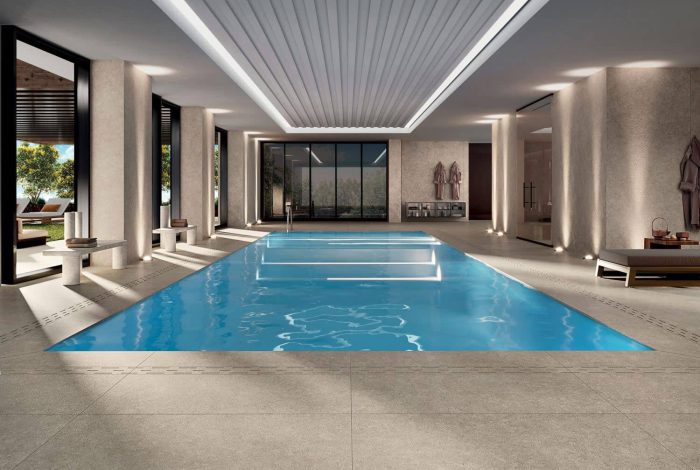 Sol finition Rolled 60x120 cm antidérapant et fine épaisseur au mur 120x278 cm finition Chiseled