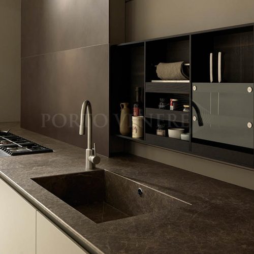 Credence cuisine coulissante et plan en ceramique marbre marron Blade