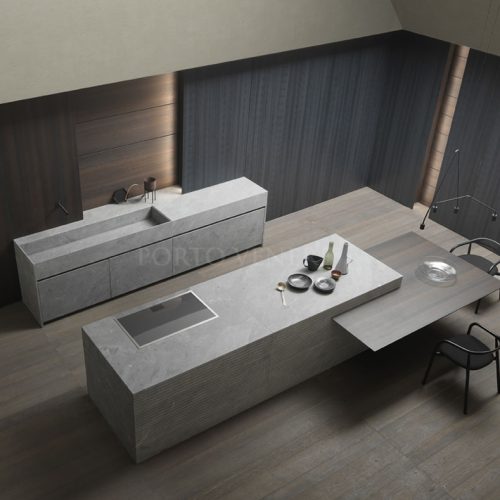 Cuisine haut de gamme monumentale en pierre naturelle et bois eucalyptus Blade Lab 4