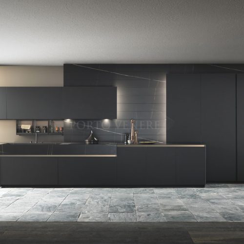 Cuisine moderne noire mate et effet marbre noir veine fil or Skill 06 - 1