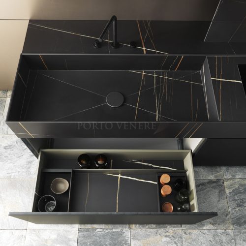 Cuisine moderne noire mate et effet marbre noir veine fil or Skill 06 - 3