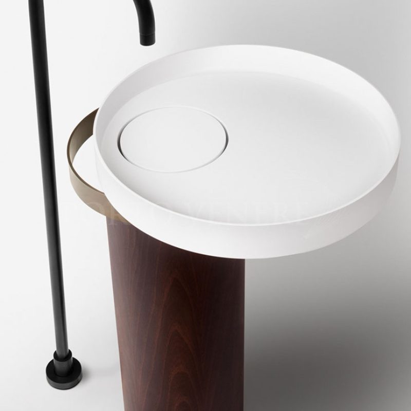 Meuble colonne vasque sur pied en bois Acacia et cristalplant blanc Eccentrico