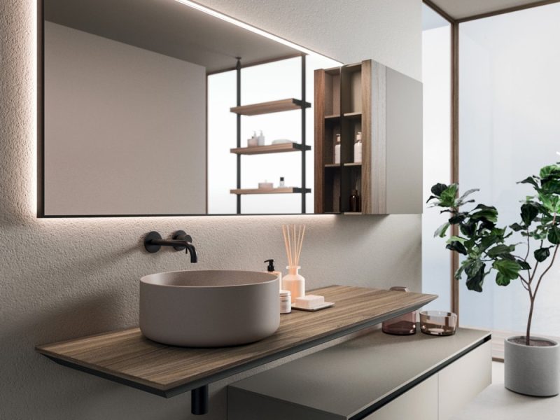 Plan aluminium et effet bois pour vasque à poser et meuble de salle de bain entièrement personnalisable