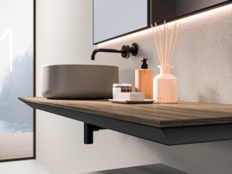 Plan aluminium et effet bois pour vasque à poser et meuble de salle de bain entièrement personnalisable