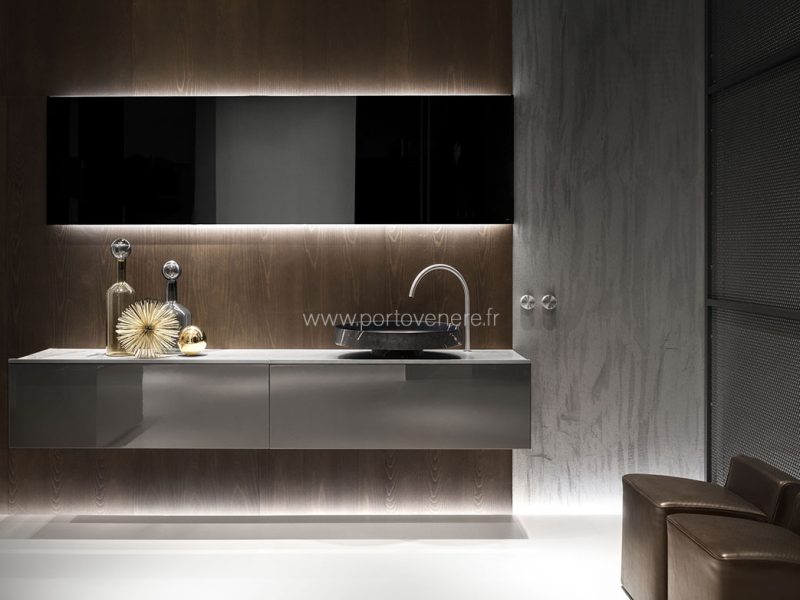 Meuble de salle de bain luxe suspendu laque grise et marbre Eccentrico Composition 3 - 1