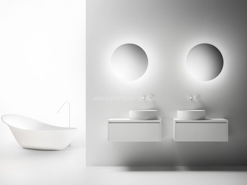 Meuble de salle de bain suspendu en laque mate blanche et vasque a poser ronde Via Veneto Composition 2 - 1