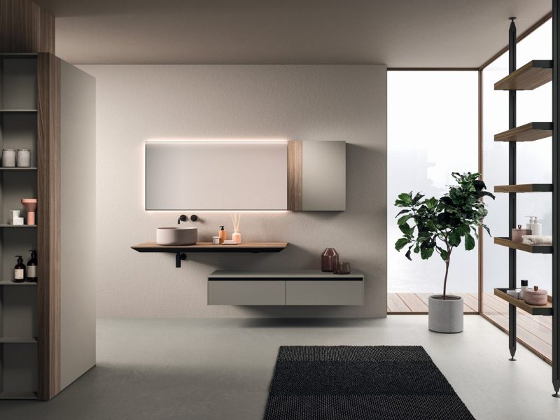 Amenagement salle de bain avec plan bois pour vasque meubels et étagères de rangement design personnalisable.