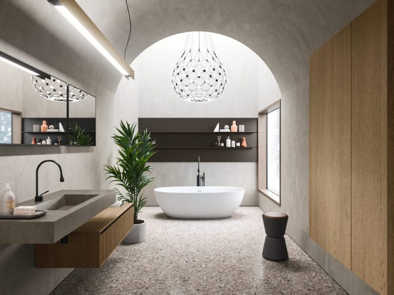 Collection DOMINUS 5 – salle de bains contemporaine avec plan vasque en grès cérame, meuble bas en bois et baignoire design – Porto Venere Montpellier
