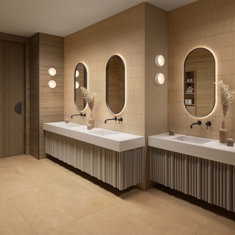 et mur Carrelage sol grand format effet béton ciré jaune Ueno Ochre ambiance salle de bain